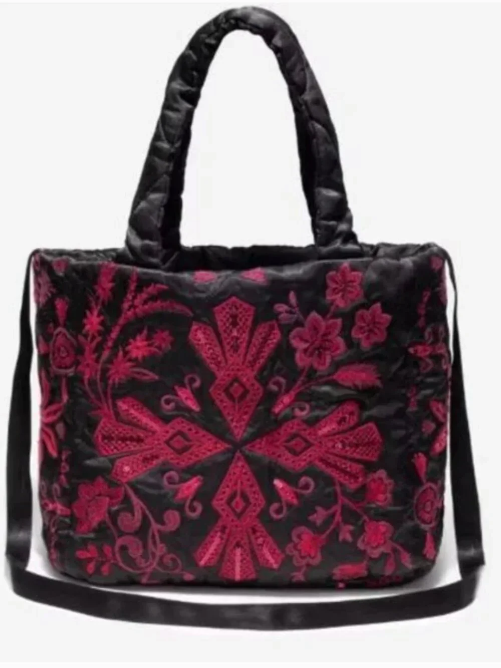 Johnny Was Annalina Quilted Tote Handbag Sequin Jewel Black Red NWT
